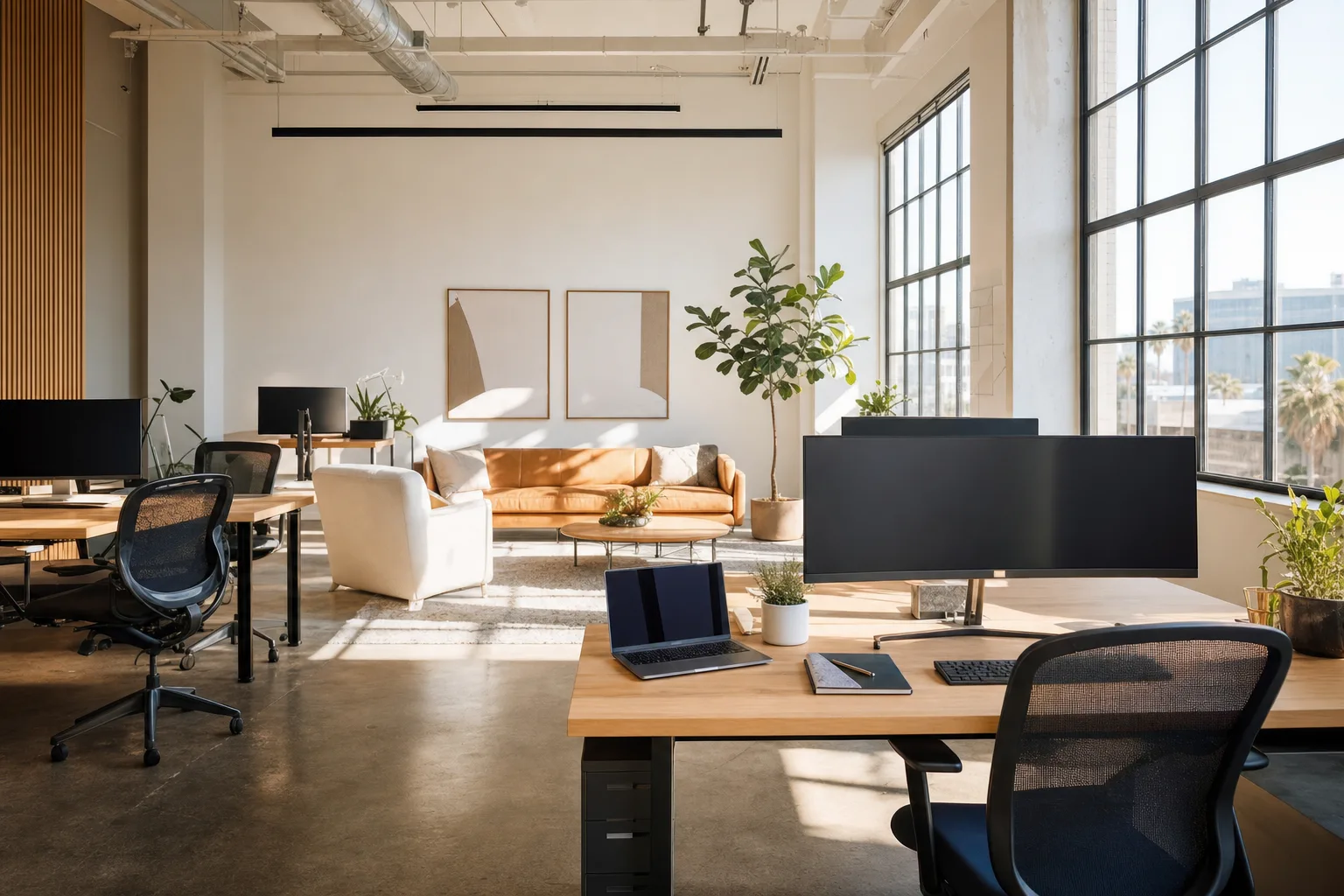 Sunlit modern Los Angeles software studio with light wood desks, large windows and greenery