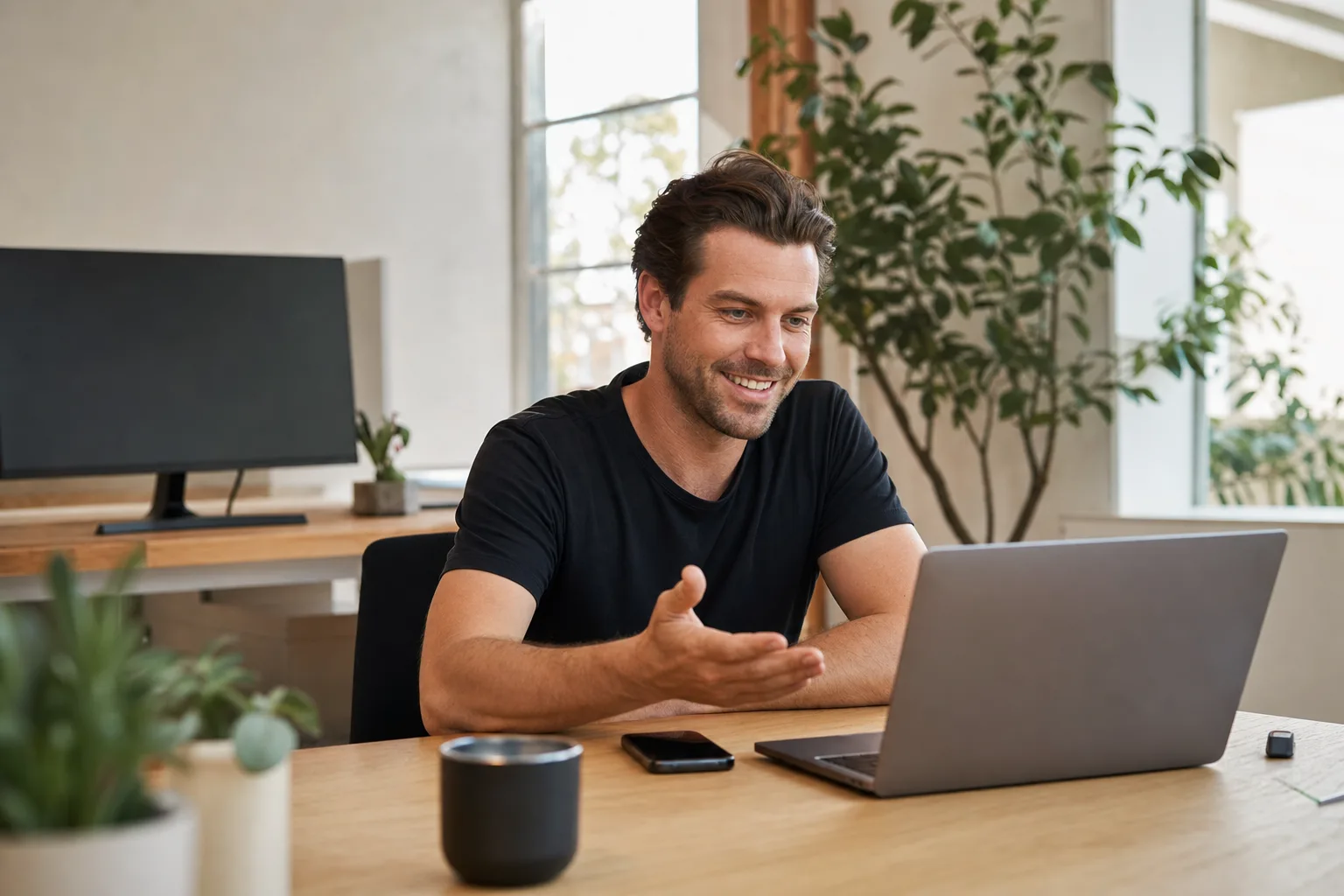 Founder and lead developer at a light wood desk, explaining an idea on a laptop in a bright studio