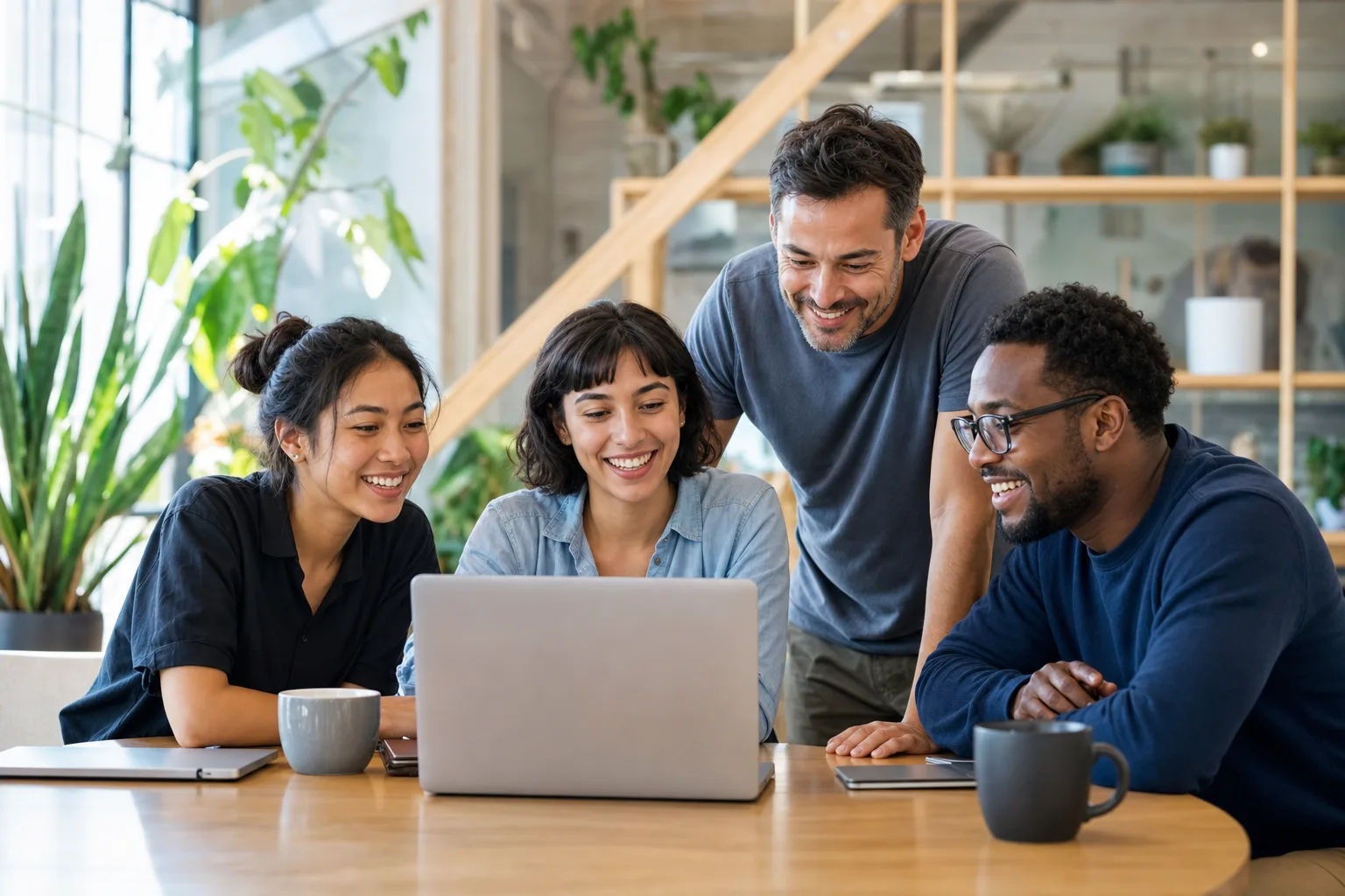The Webmaster & More team collaborating around a laptop in a bright, plant-filled LA studio